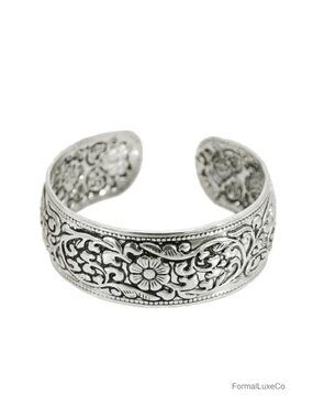 Vintage Carved Flower Cuff Bracelet Adjustable Open Upper Arm Band Stackable